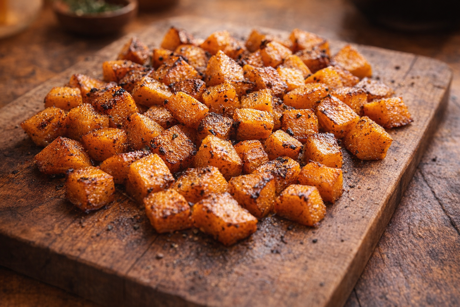 A vibrant, overhead shot of perfectly roasted butternut squash cubes, caramelized and golden brown, arranged artfully on a rustic wooden board, warm autumnal lighting